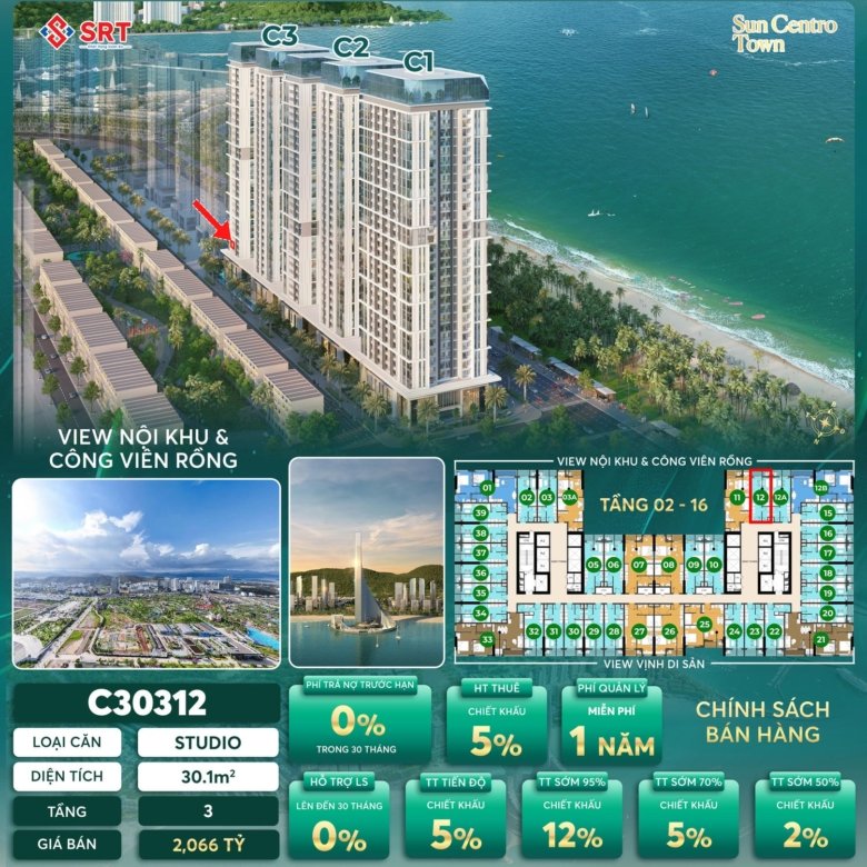 Mặt bằng và giá bán căn Studio Sun centro Town | C30312