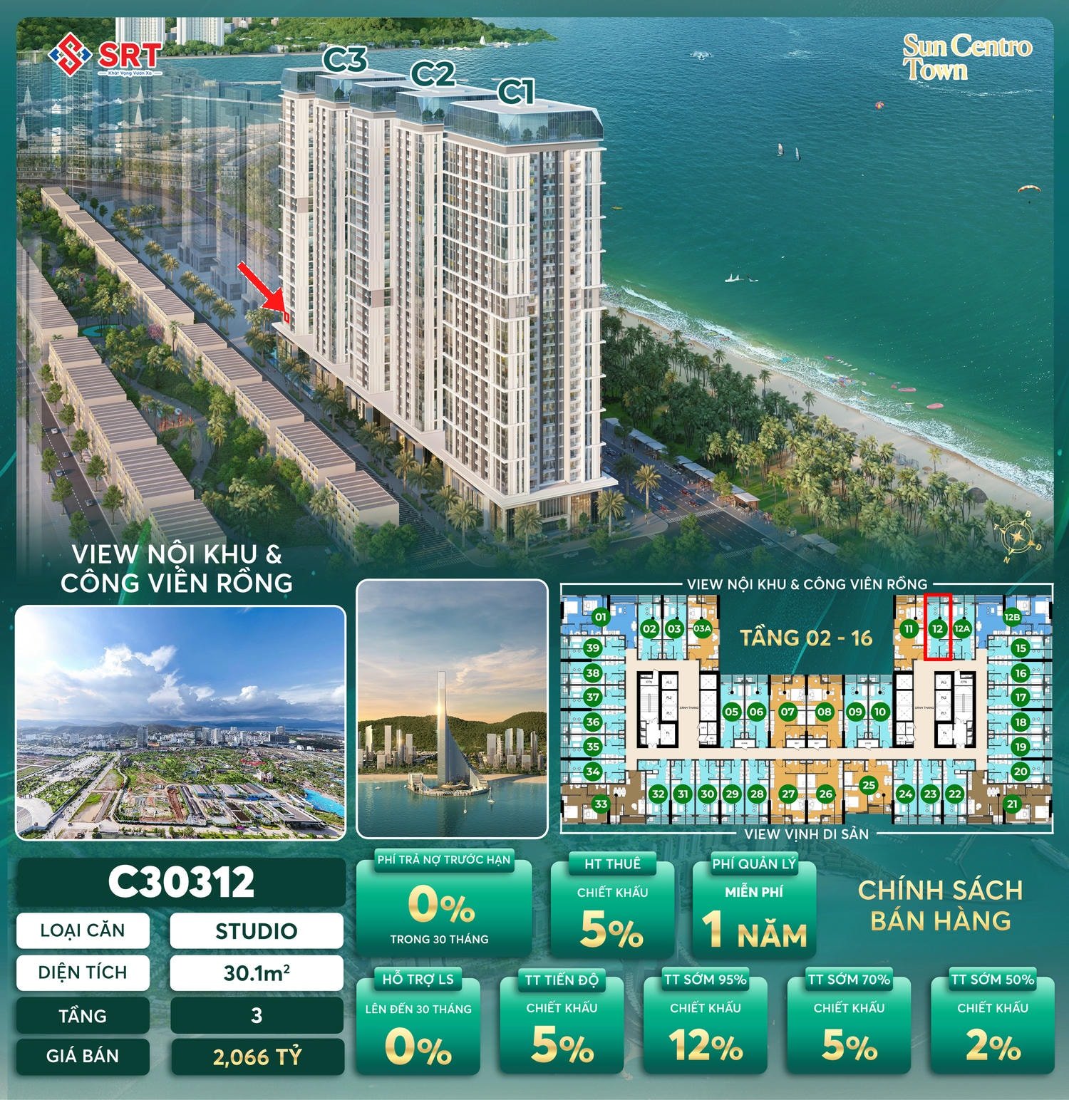 Mặt bằng và giá bán căn Studio Sun centro Town | C30312 Mặt bằng và giá bán căn Studio Sun centro Town | C30312