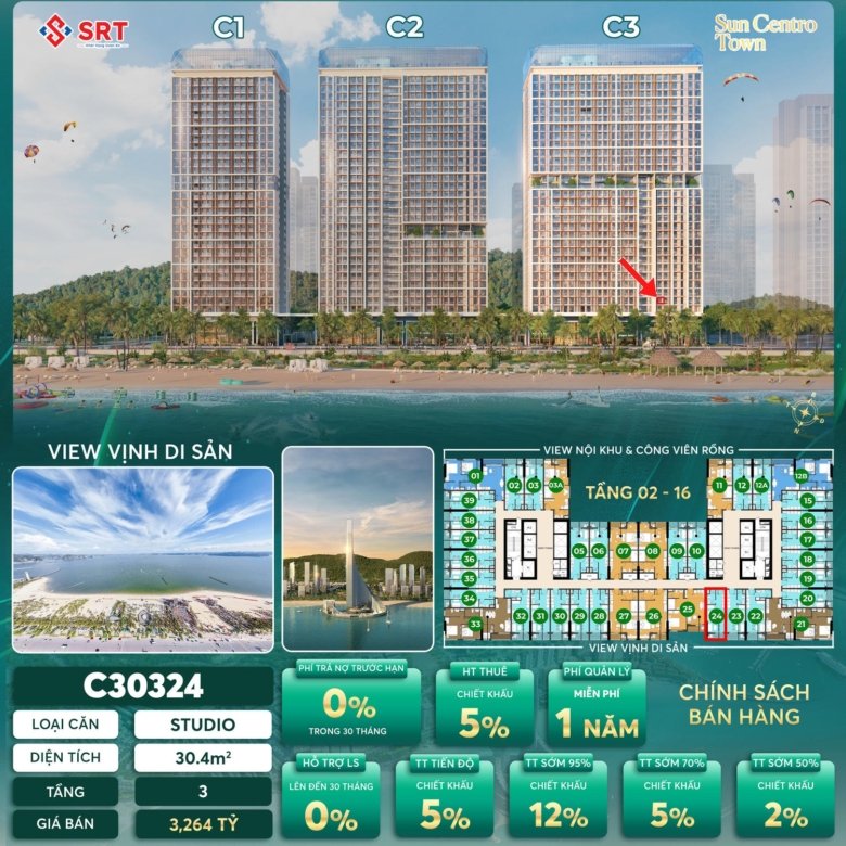 Mặt bằng và giá bán căn Studio Sun centro Town | C30324