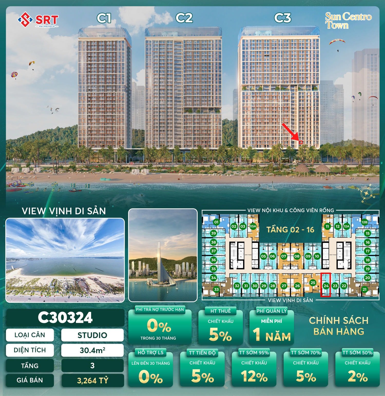 Mặt bằng và giá bán căn Studio Sun centro Town | C30324 Mặt bằng và giá bán căn Studio Sun centro Town | C30324