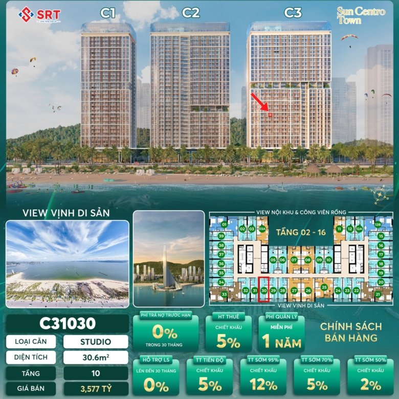 Mặt bằng và giá bán căn Studio Sun centro Town | Mã cãn C31030