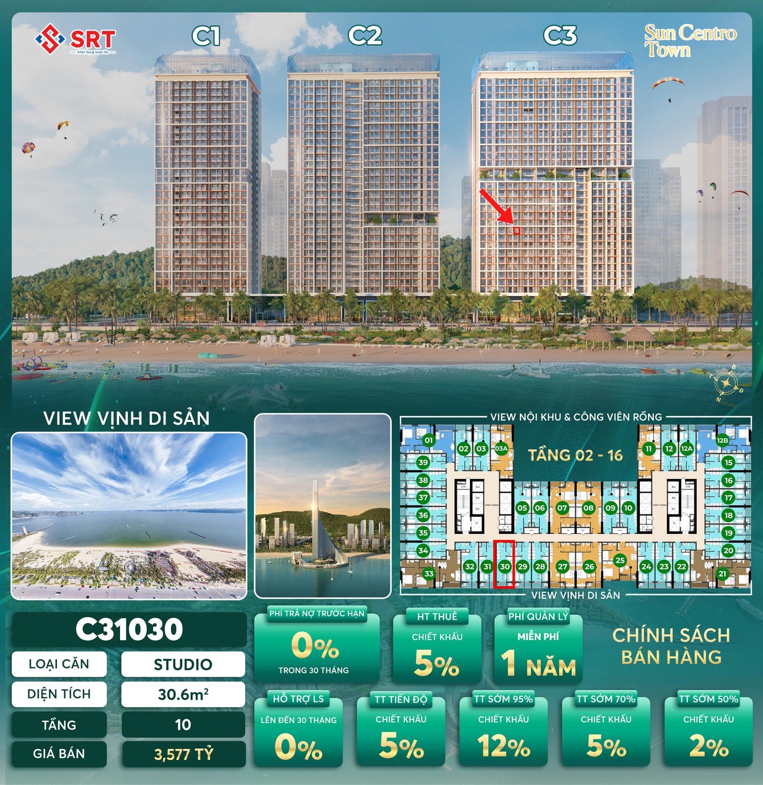 Mặt bằng và giá bán căn Studio Sun centro Town | Mã cãn C31030 Mặt bằng và giá bán căn Studio Sun centro Town | Mã cãn C31030