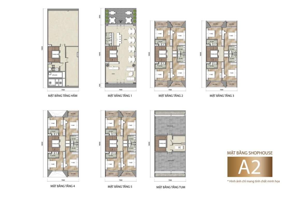 Tổng mặt bằng thiết kế các tầng căn Shophouse Sun Porto Town - Diện tích 150m2