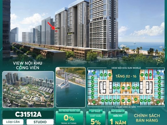 Mặt bằng và giá bán căn Studio Sun centro Town | Mã cãn c31512a