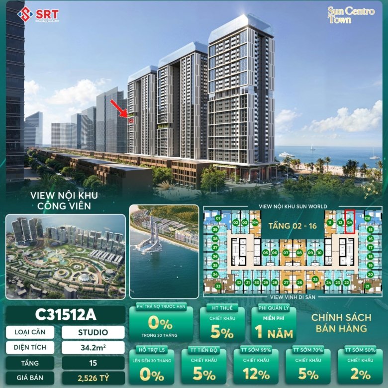 Mặt bằng và giá bán căn Studio Sun centro Town | Mã cãn c31512a