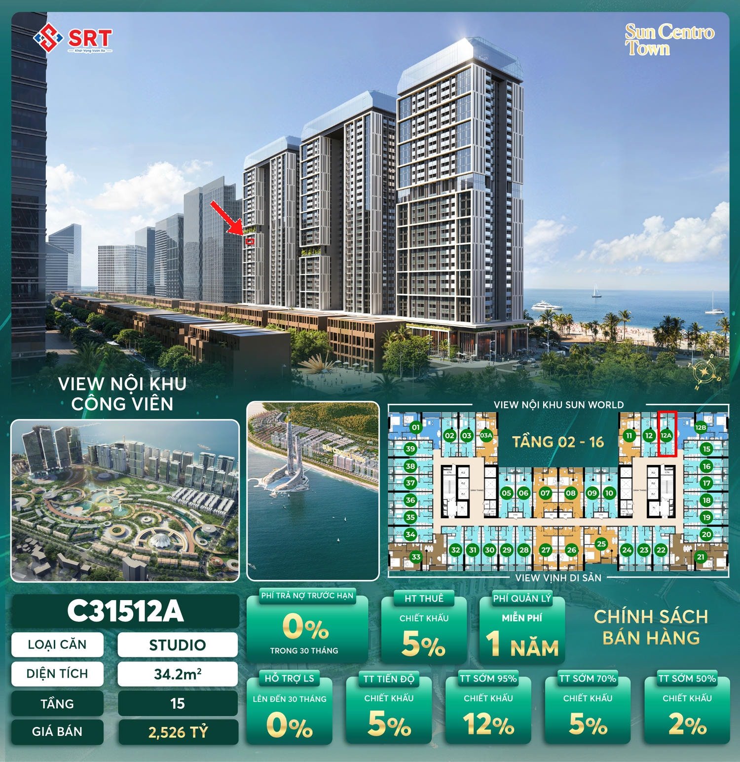 Mặt bằng và giá bán căn Studio Sun centro Town | Mã cãn c31512a